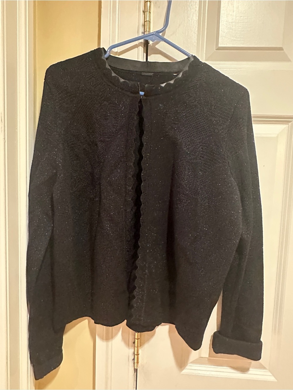 Elie Tahari Merino Wool Metallic Black Cardigan Scalloped Trim-Large